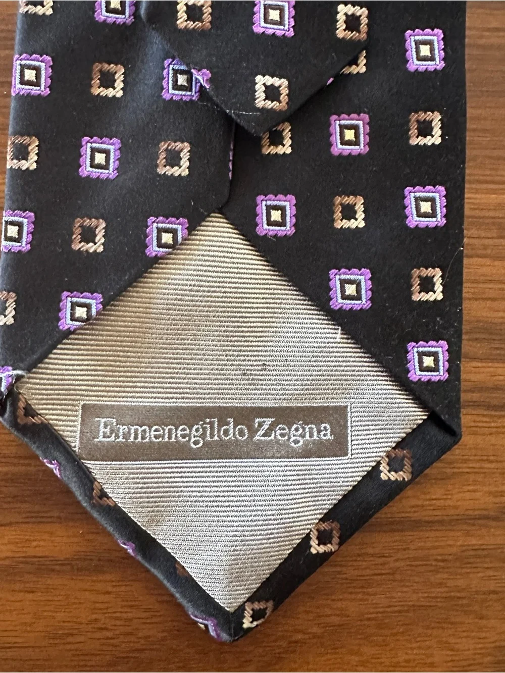 Ermenegildo Zegna Black Silk Tie with Purple and Tan Geometric Squares